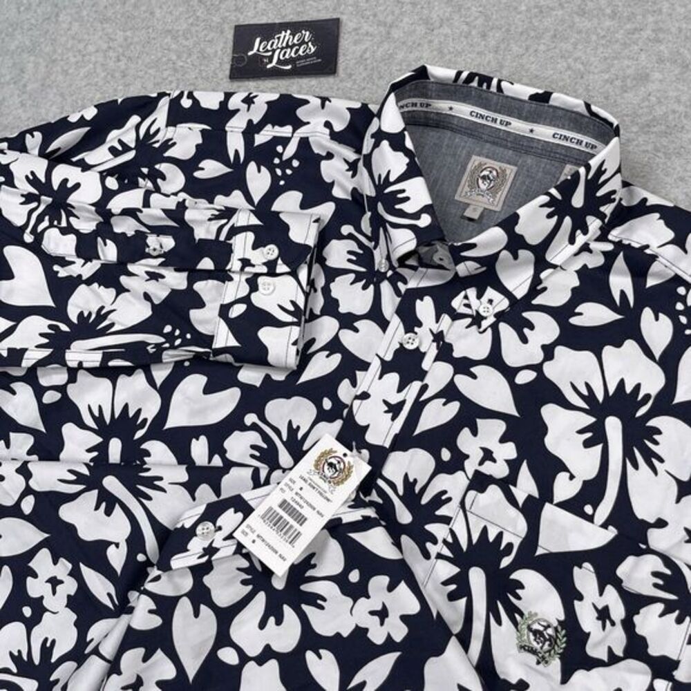 NWT Cinch‎ Hibiscus Print Long Sleeve Western Shirt Mens Small Navy Blue Floral
